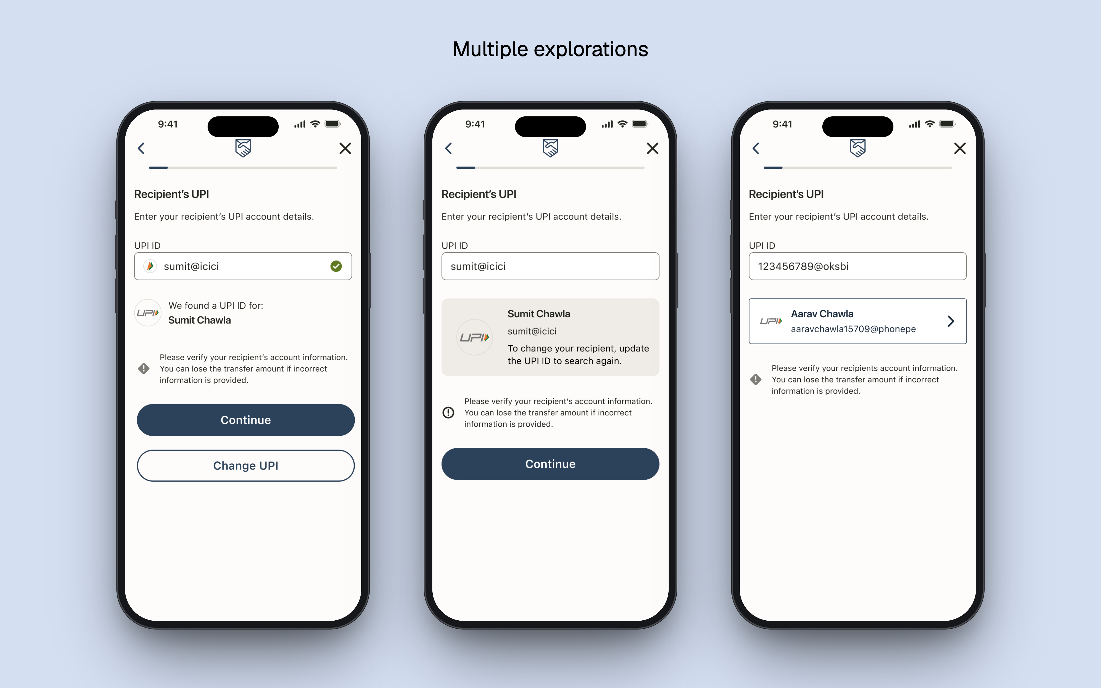UPI send flow screens showing delivery-method selection and recipient UPI ID entry.